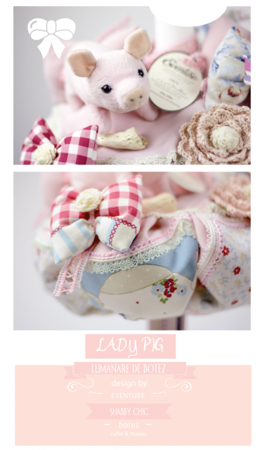 Lumanare de botez shabby chic pentru fetite, 65x4 cm, Lady Pig  3